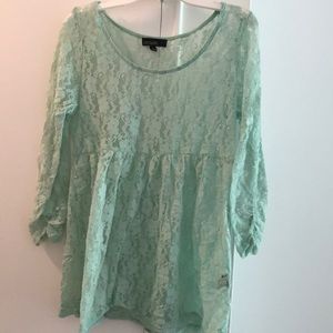 Lace, mint colored quarter sleeve top